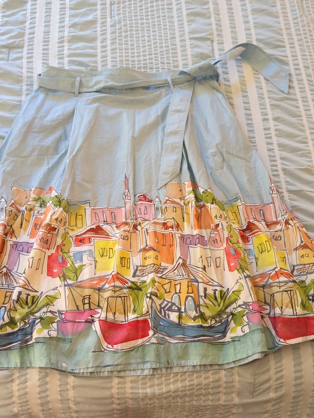 Boden Light Blue Cotton Skirt with Colorful Coastal Print (US 16/18R)